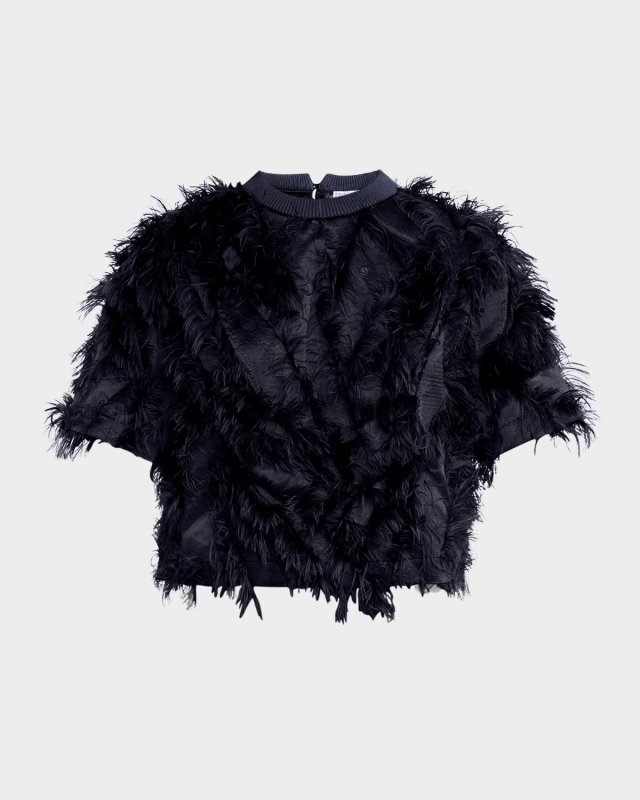 Short-Sleeve Fringe Fil Coupé Jacquard Blous